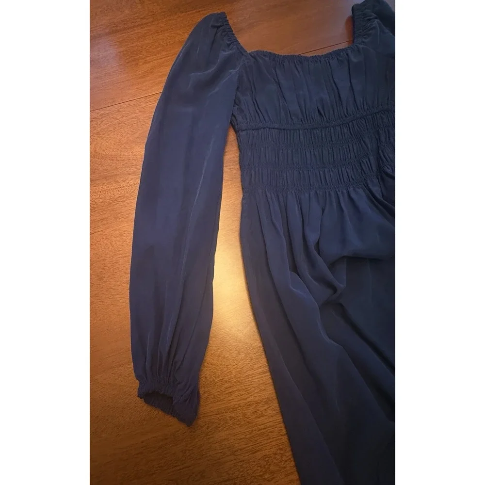 Hill House Home The Jasmine Nap Dress XXS Navy Blue Smocked Midi Long Sleeve NWT - Picture 9 of 13